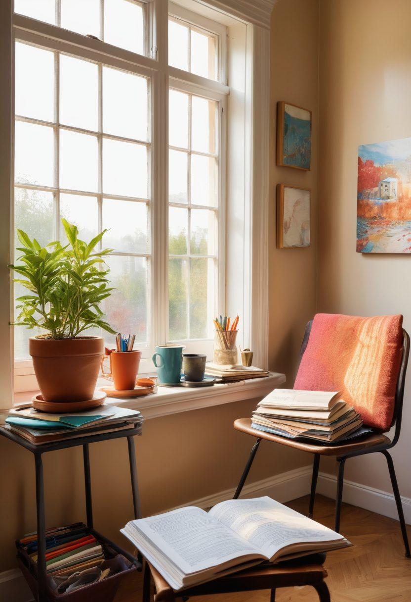 A serene workspace filled with scattered journals, colorful pens, and an open window letting in warm sunlight. A steaming cup of tea sits beside an expressive painting on the wall, capturing a journey of emotions. Soft, vibrant hues blend together, symbolizing creativity and introspection. Include a cozy chair and a potted plant to evoke tranquility. bright colors. painting.