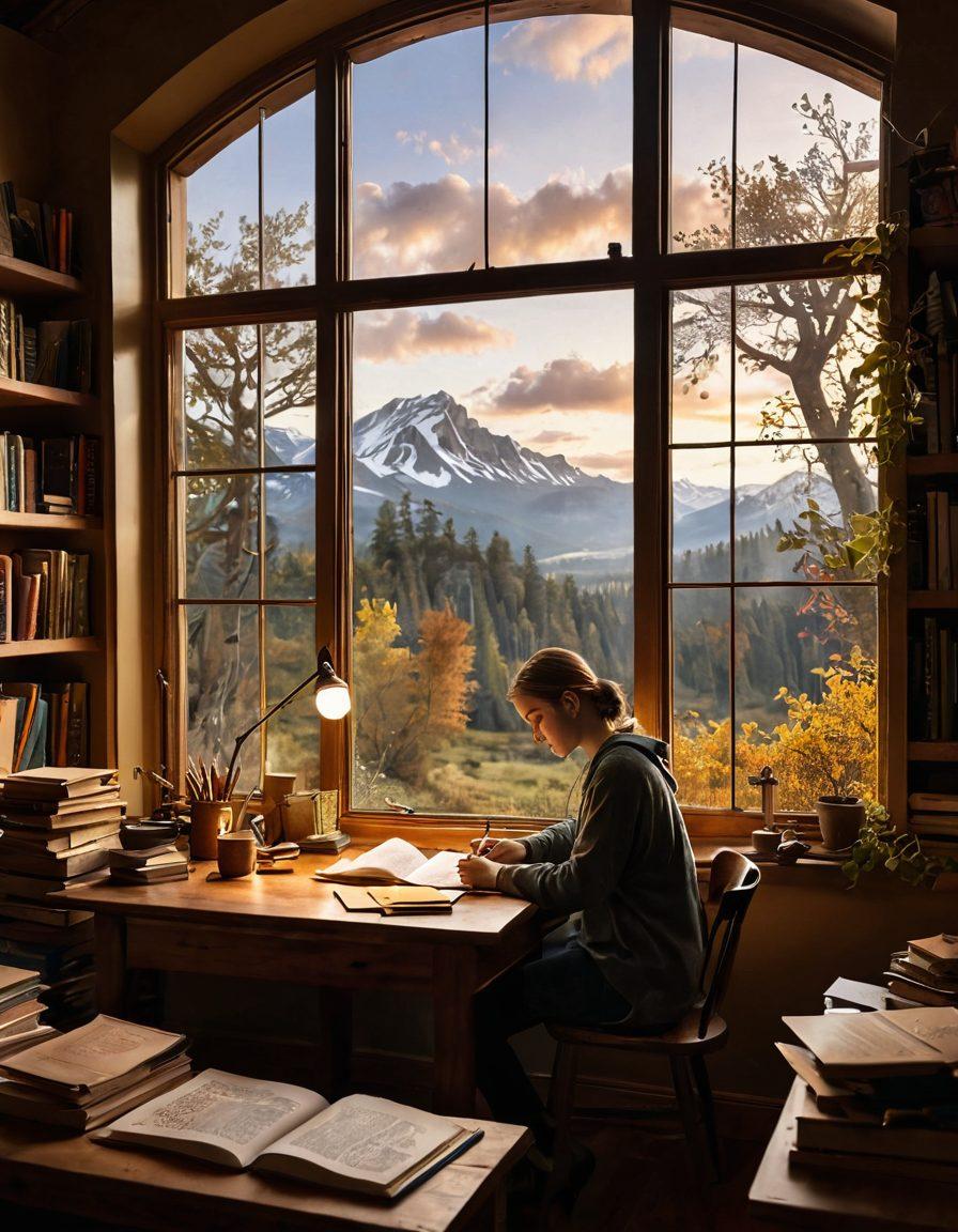 A person sitting at a cozy wooden desk, deeply engaged in writing, surrounded by floating books and vivid illustrations that represent different stories and emotions. A soft light illuminates their thoughtful expression, while a large window reveals a beautiful natural landscape outside, symbolizing inspiration. Incorporate elements like a quill, ink, and colorful story fragments floating in the air. artistic, warm colors, inviting atmosphere.