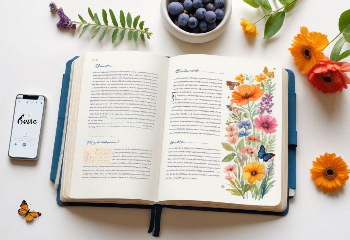A beautifully illustrated diary with open pages revealing handwritten entries, surrounded by vibrant nature symbols like flowers and butterflies representing personal growth. In the background, a digital device shows a blog layout, merging the analog and digital worlds of storytelling. Soft, warm lighting creates an inviting atmosphere. watercolor style. vibrant colors. white background.